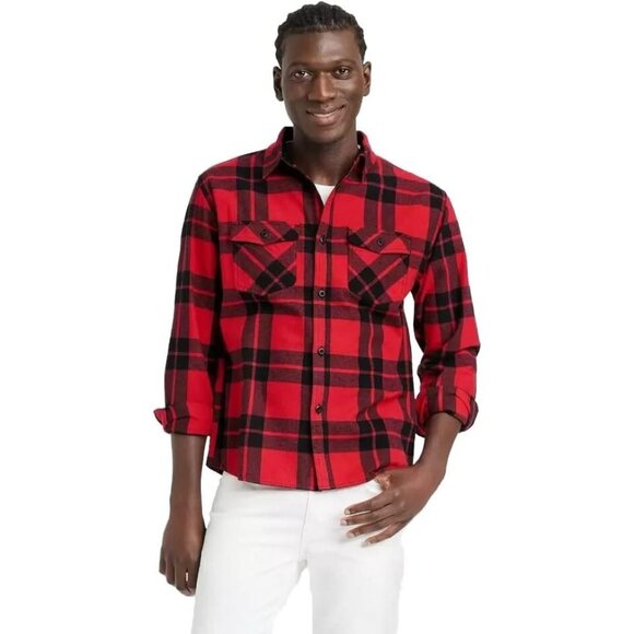 Goodfellow Red Plaid Heavyweight Flannel Button Front LS Shirt -- Medium 38/40 - Picture 1 of 7